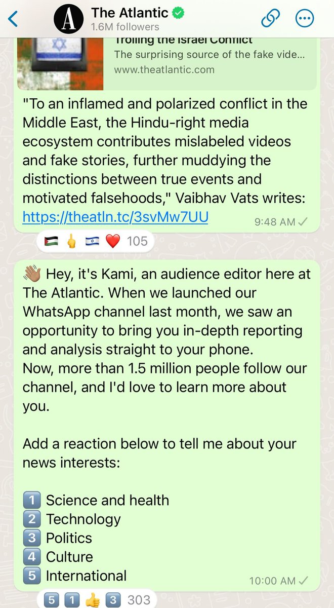 started this WhatsApp channel a month ago and have mostly been using it to deliver analysis of the Israel-Palenstine conflict. it's grown to over 1.6 mil!🥲 follow us!!