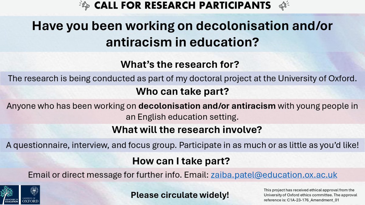 📢Call for research participants!📢 Have you been working on decolonisation/antiracism in education in England? If so, I would love to hear from you for my doctoral study. Please get in touch and/or help spread the word to anyone who might be interested!