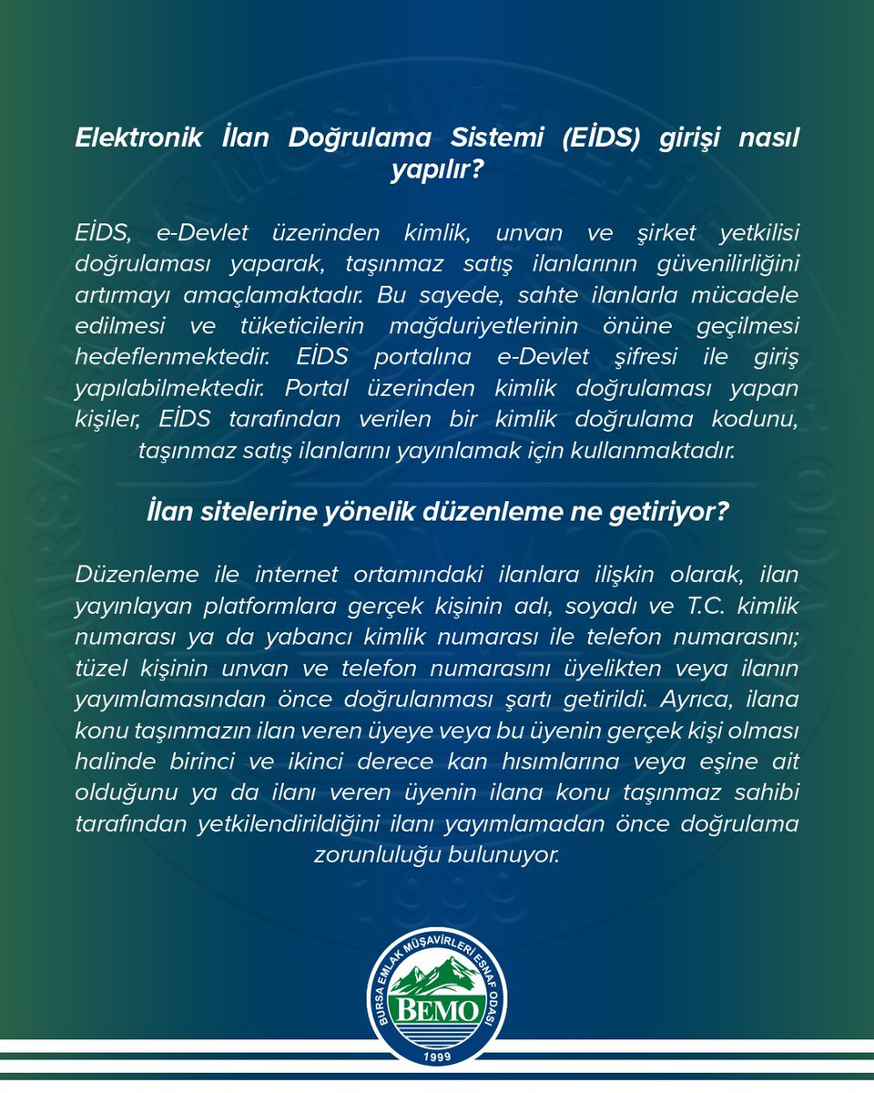 BEMOresmi's tweet image. 1 Kasım’dan itibaren Elektronik İlan Doğrulama Sistemi (EİDS) hayata geçiyor.

 #eids #bemo #bursaemlakmüşavirleriodası #taşınmazticareti #bursaemlak #gayrimenkul #emlak