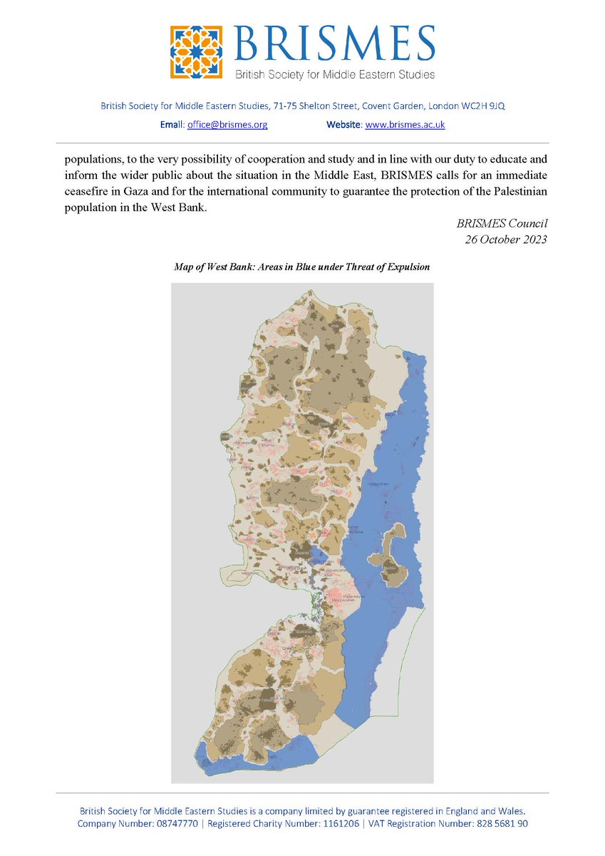 BRISMES has issued a statement warning of the danger of massive ethnic cleansing of Palestinians in the West Bank. We are deeply concerned that, under the cover of the Gaza War, the ongoing expulsion of Palestinians from the West Bank will intensify.
bit.ly/BRISMES-statem…  1/4