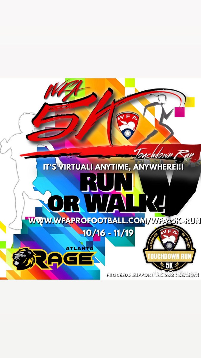 AtlantaRage1's tweet photo. Support the Atlanta Rage from October 16th - November 19th for the @WFAfootball 5K Touchdown Run! 

Registration: 
Via WFA website at https://t.co/IxpR3X2xxU

#wfafootball #atlantarage #5krun #virtualrun https://t.co/7m0xEGOSsq