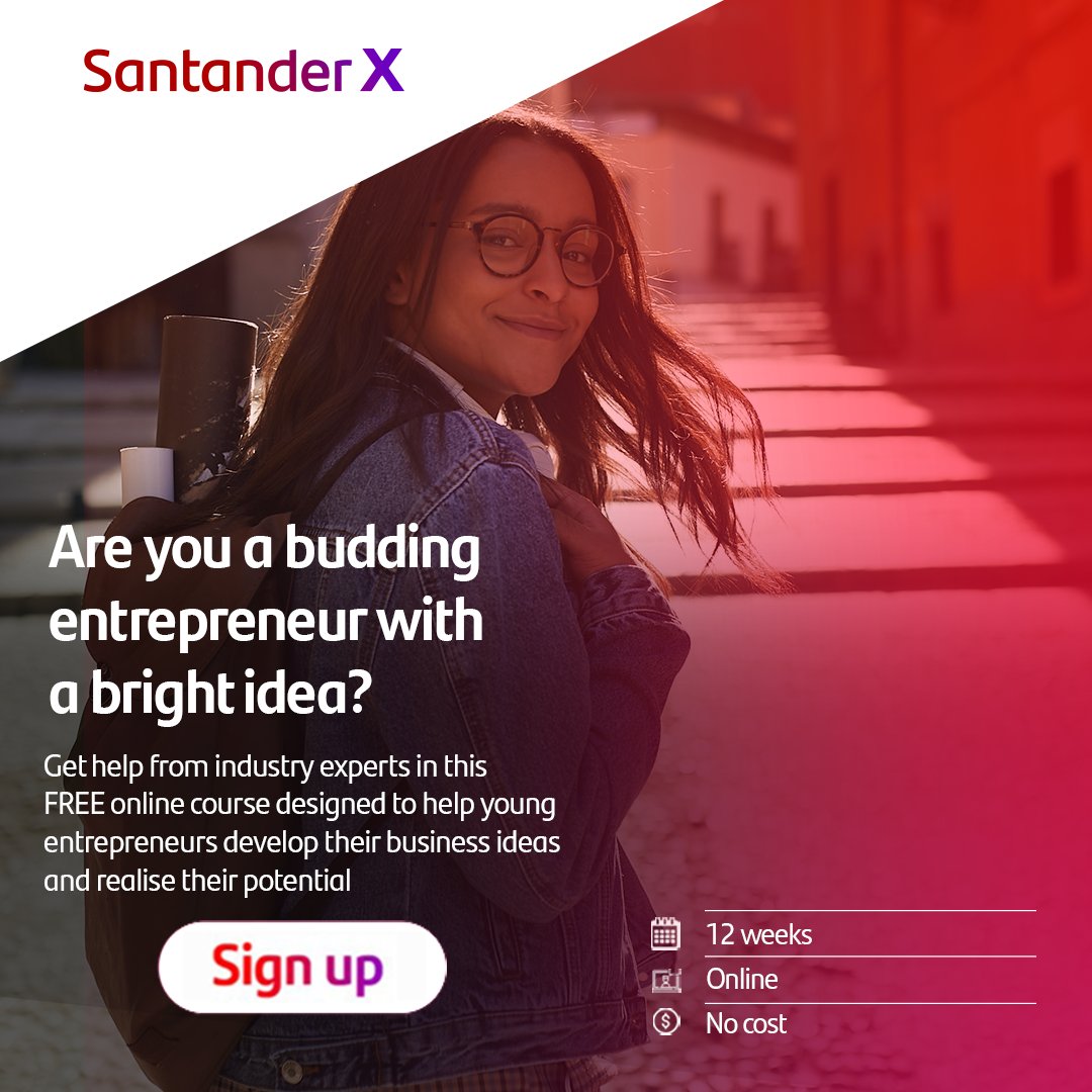 Are you a budding young entrepreneur with a bright idea? Ready to turn it into a business  opportunity? Join the FREE Santander X Explorer programme.  Develop your idea, hone skills and contribute to the 2030 SD  Goals. Apply by  12th December: bit.ly/3SaY49L