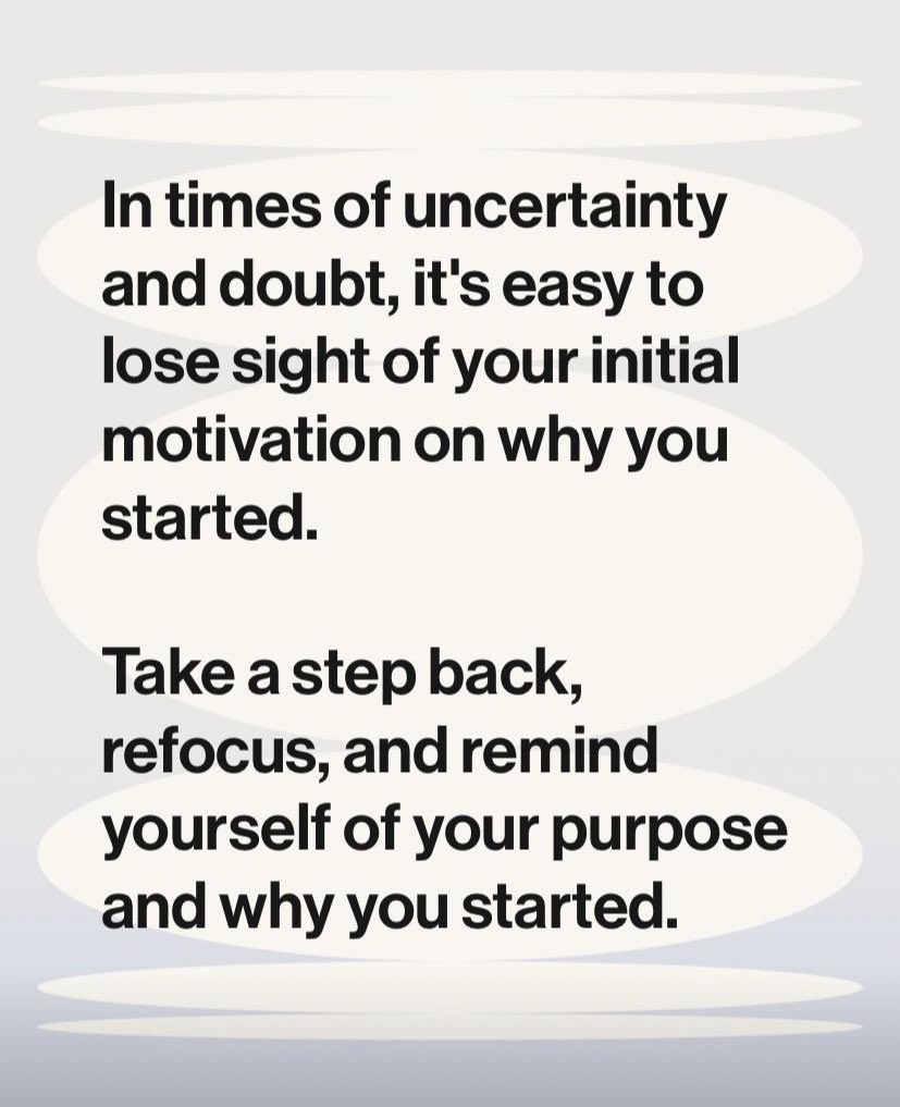 hello_maria__'s tweet image. In times of uncertainty and doubt, it's easy to lose sight of your initial motivation on why you started.

Take a step back, refocus, and remind yourself of your purpose and why you started. 

#thistooshallpass #youhavegotthis