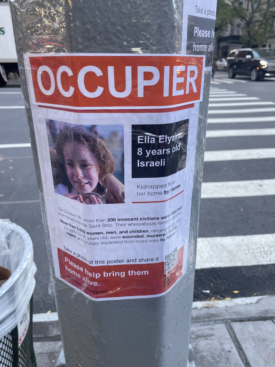 On the Upper East Side posters of kidnapped children have been defaced with the word “occupier.” This is unacceptable. These are innocent children who need to be brought home and returned to their families. 1/2