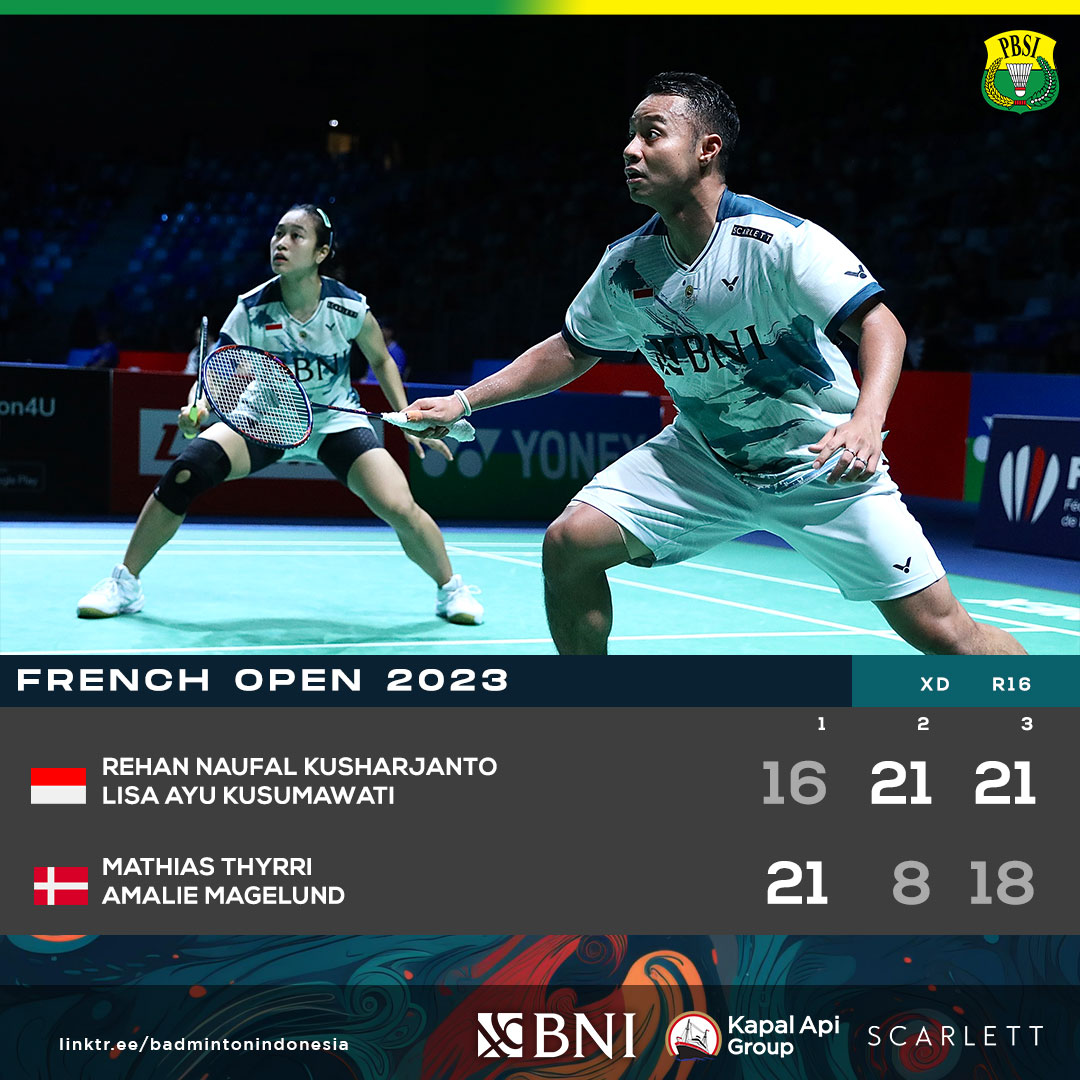 INABadminton's tweet photo. Superb comeback! Rehan/Lisa kalahkan pasangan Denmark &amp; melaju ke babak QF!

#FrenchOpen2023 https://t.co/lR5qK6navt