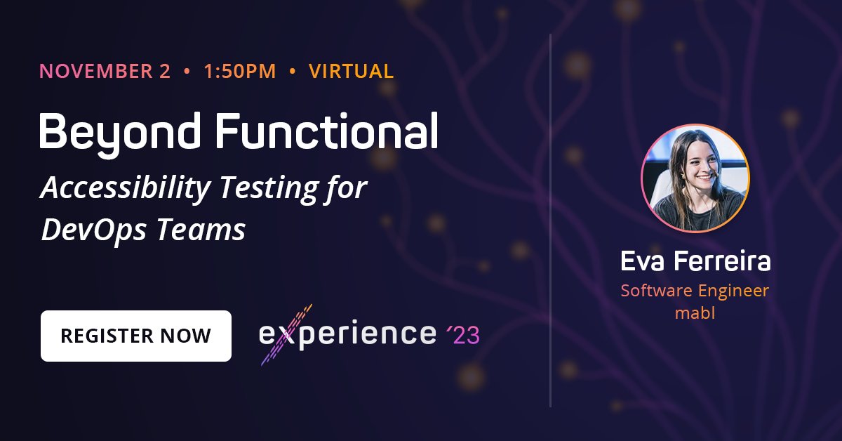 evaferreira92's tweet image. I&apos;m excited to share that next week I&apos;ll be speaking at #mablExperience about Accessibility Testing for DevOps Teams, how to easily integrate a11y into your everyday workflow.

It&apos;s free and hybrid, so you can enjoy lots of Quality Engineering talks from the comfort of your home!