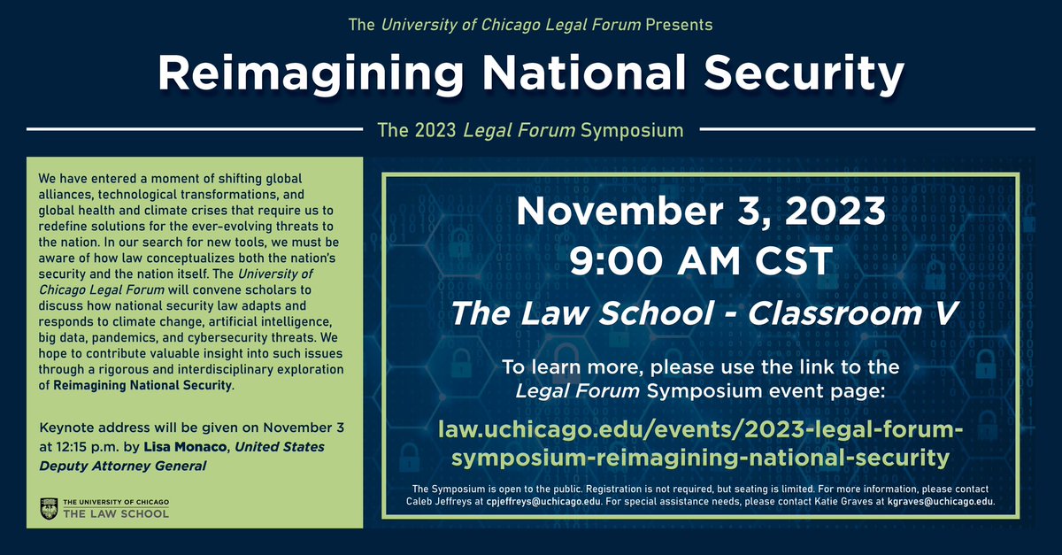 The Legal Forum's 2023 Symposium "Reimagining National Security" will take place on 11/3 and will feature United States Deputy Attorney General Lisa Monaco '97 as keynote speaker