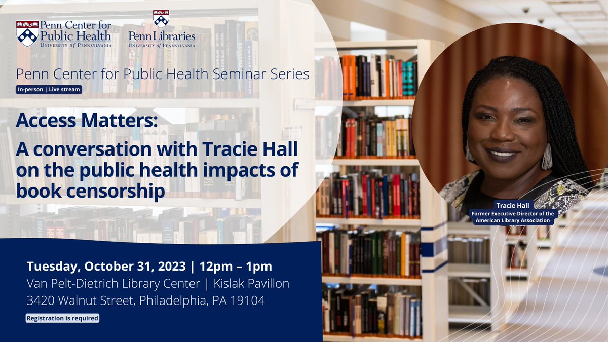 Penn Public Health (@pennpubhealth) on Twitter photo Don't forget to grab your ticket & join <a href="/PennPubHealth/">Penn Public Health</a> and <a href="/upennlib/">The Penn Libraries</a>
for a talk with Tracie Hall (Former <a href="/ALALibrary/">American Library Association</a> Director) on the public health impacts of book censorship.📢📢📢
Date: 10/31
Time: 12pm-1pm
Registration Required‼️ eventbrite.com/e/access-matte… Don't forget to grab your ticket & join <a href="/PennPubHealth/">Penn Public Health</a> and <a href="/upennlib/">The Penn Libraries</a>
for a talk with Tracie Hall (Former <a href="/ALALibrary/">American Library Association</a> Director) on the public health impacts of book censorship.📢📢📢
Date: 10/31
Time: 12pm-1pm
Registration Required‼️ eventbrite.com/e/access-matte…