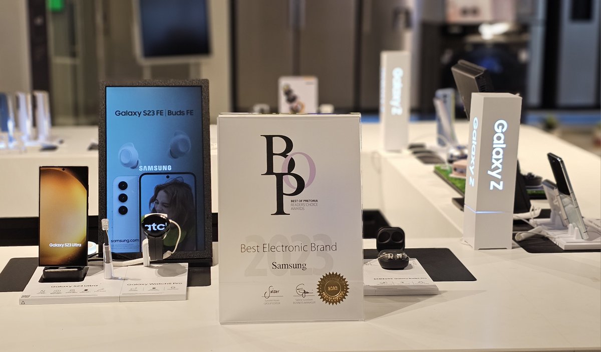 SamsungSA's tweet image. Thank you for voting and recognising us as 𝙏𝙝𝙚 𝘽𝙚𝙨𝙩 𝙀𝙡𝙚𝙘𝙩𝙧𝙤𝙣𝙞𝙘 𝘽𝙧𝙖𝙣𝙙 in Pretoria for the 2023 Best of Pretoria Reader’s Choice Awards. @BestofPretoria