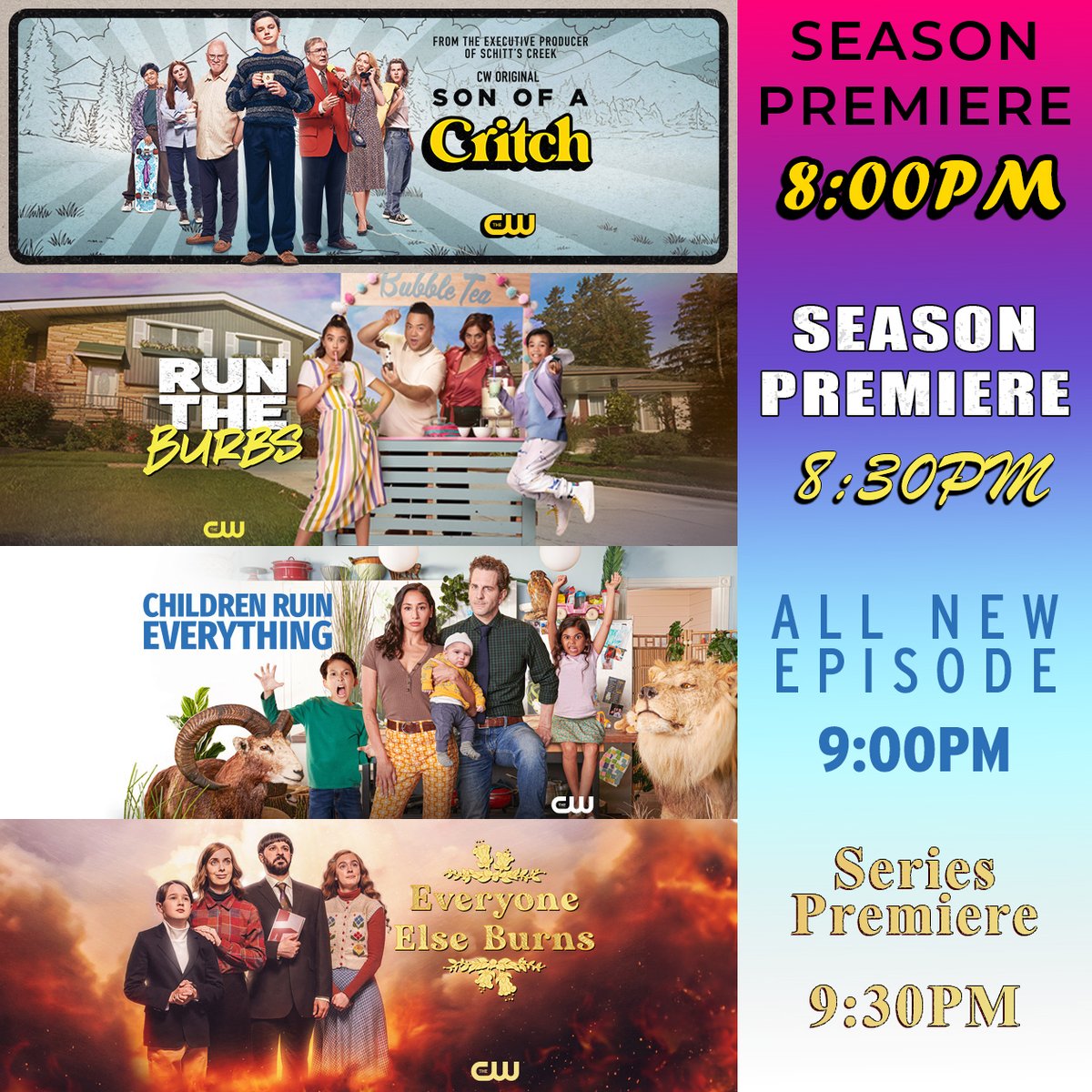 WHOA! ALL NEW TONIGHT! 2 season premieres, 1 series premiere, and 1 brand new episode all in 1 night?! You gotta see this! #SonOfACritch, #RunTheBurbs, #ChildrenRuinEverything and #EveryoneElseBurns brighten up your night starting at 8pm right here on the #TriadCW!