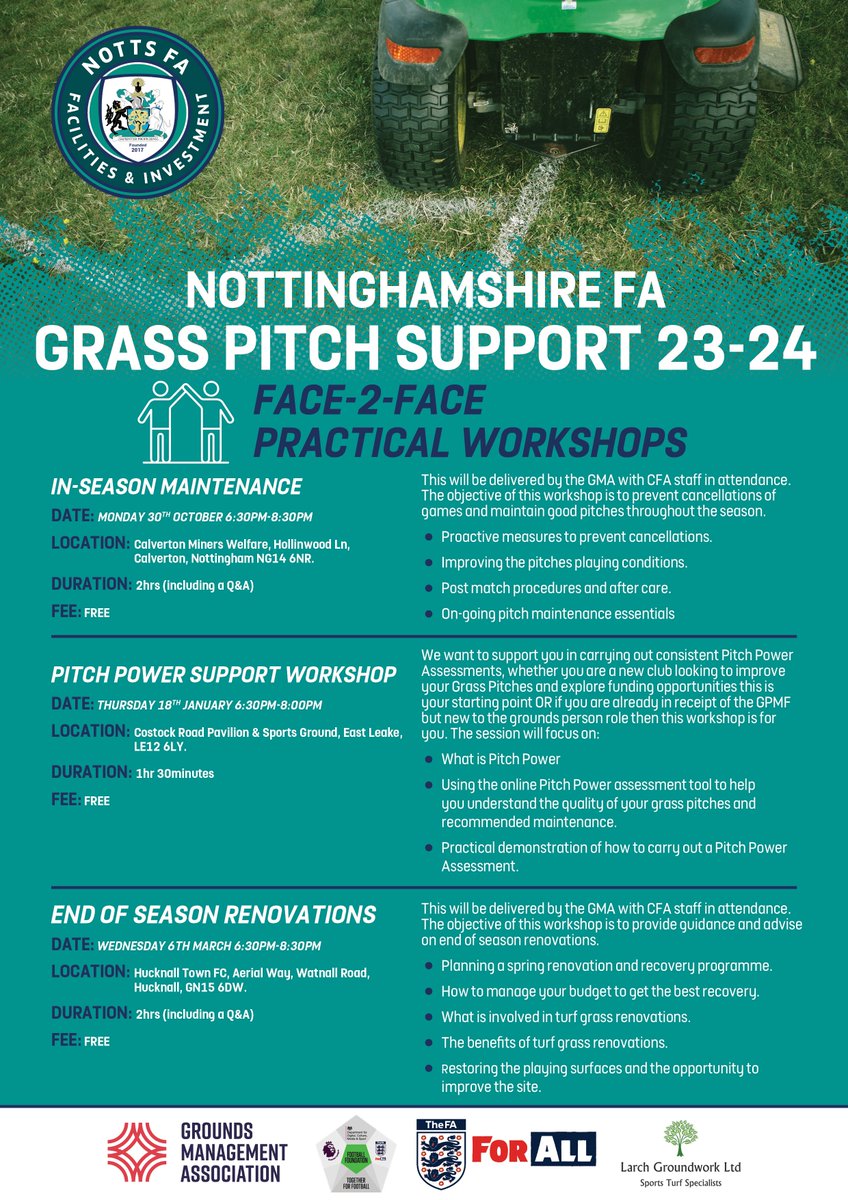 Grass Pitch Support Workshop: In-season Maintenance

This session takes place next Monday, 30th October at Calverton Miners Welfare FC.

Delivered by @thegma_ this session will help to identify proactive measures to prevent cancellations &amp; improve your pitches playing conditions.