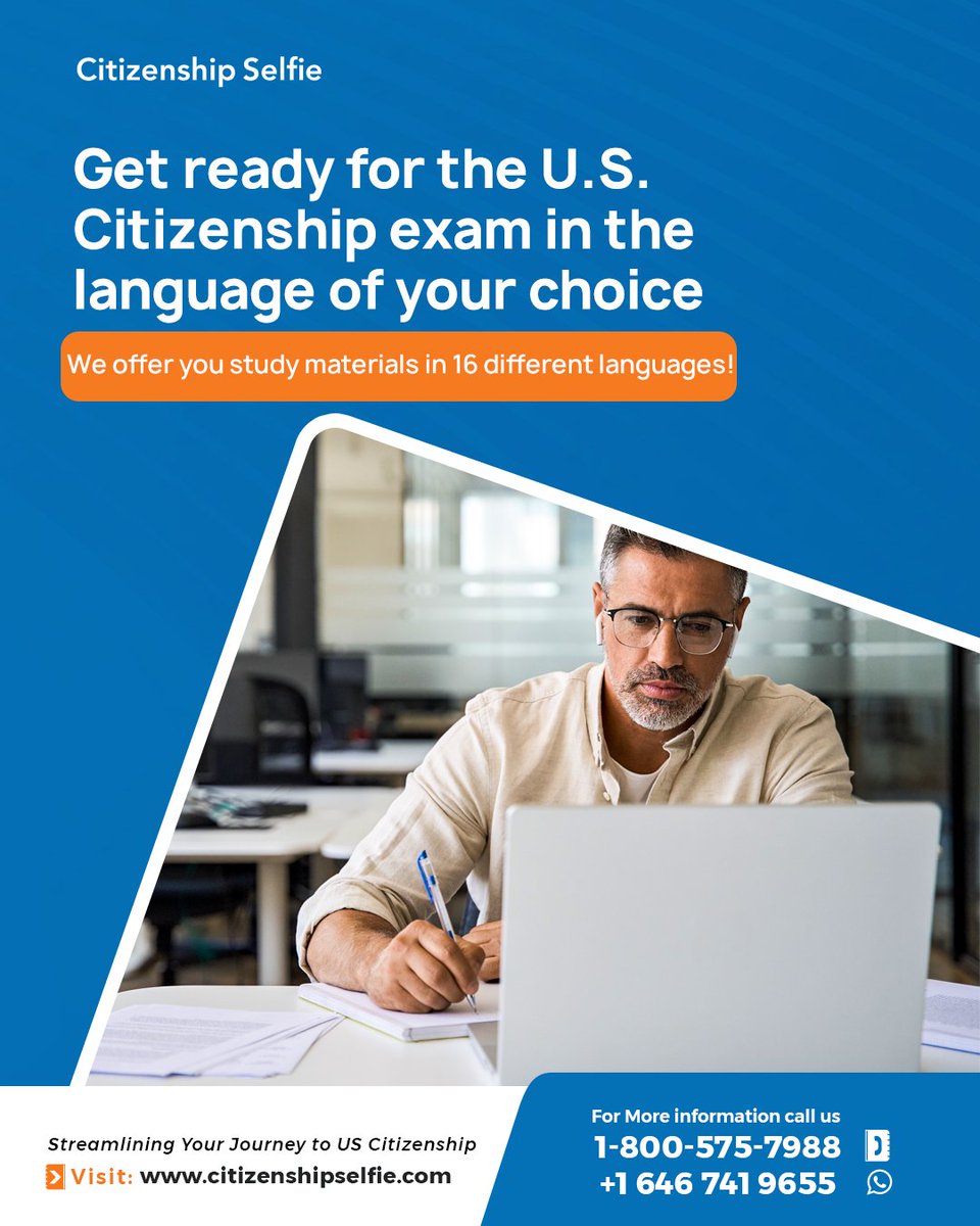 Citizenshipsel's tweet photo. Don't let the language barrier hinder your pursuit of the American dream. Citizenship Selfie is here to assist you in getting ready for the U.S. Citizenship Test in 16 different languages.

#CitizenshipSelfie #Immigration #USCitizenship https://t.co/r6elIylVXF