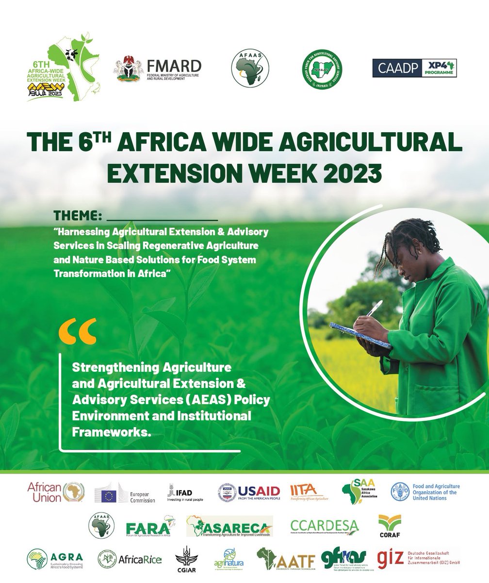 At the 6th  Africa Wide Agricultural Extension Week, we shall be exploring pathways to sustainable Agriculture. Join the conversation on strengthening AEAS policies and discuss frameworks that empower farmers!
Register now👇
aaew2023.nifaas.org.ng
#AAEW2023