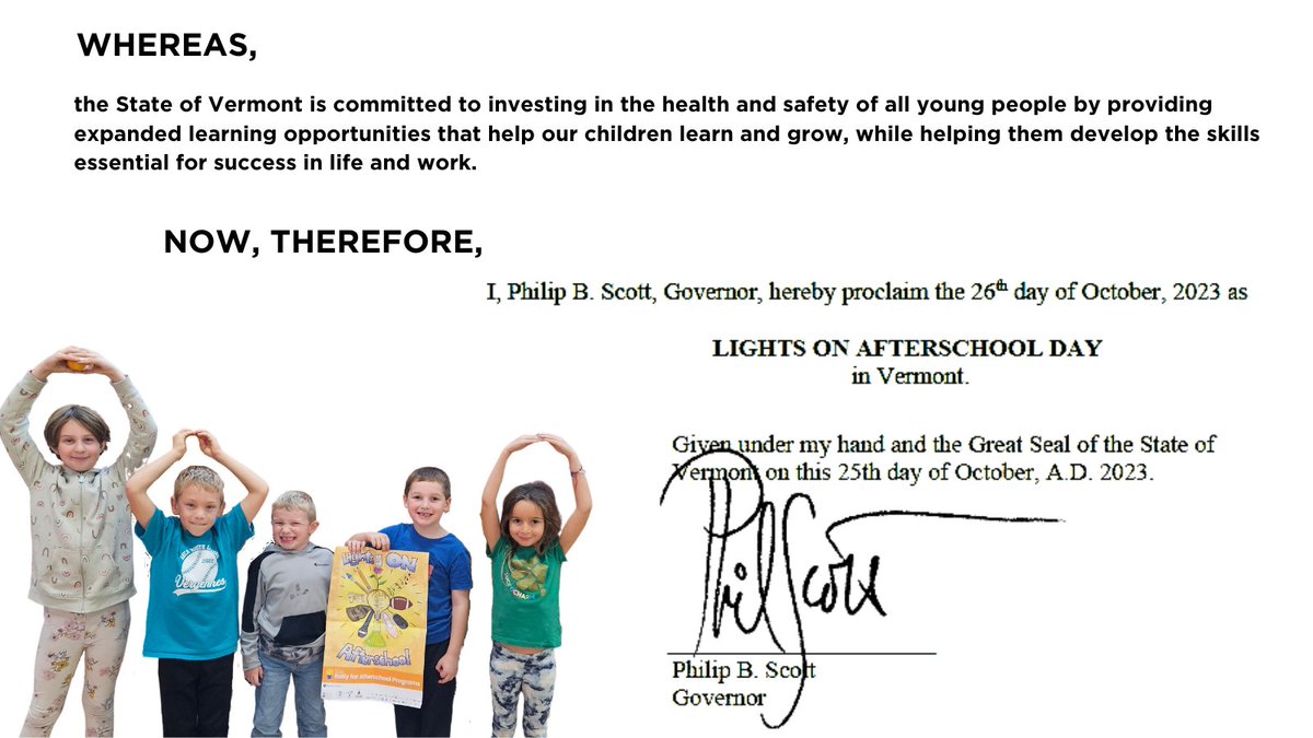 Vermont is keeping the #LightsOnAfterschool! Thank you @GovPhilScott for shining a light on the importance of VT's afterschool programs. We & the Ferrisburgh Fusion LEGO Club appreciate your support! Read Gov. Scott's full proclamation here: bit.ly/VTLightsOnAfte…