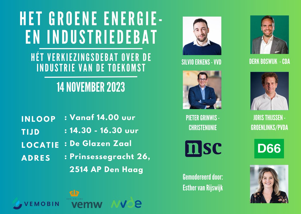 Save the Date! Het Groene Industriedebat: 14 november in de Glazen Zaal, Den Haag. Hét verkiezingsdebat over de industrie van de toekomst!🔋💡
Met oa Tweede Kamerleden <a href="/SilvioErkens/">Silvio Erkens</a> (VVD), <a href="/Joris_PvdA/">Joris Thijssen</a>, <a href="/DerkBoswijk/">Derk Boswijk</a> (CDA) en <a href="/Pieter_Grinwis/">Pieter Grinwis</a> (CU).
Aanmelden:wepublic.typeform.com/to/CZwHjvuK?ty…