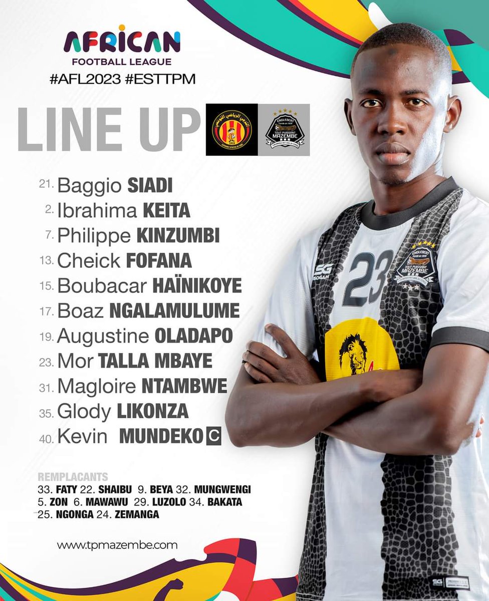 #RDC <a href="/afl_africa/">afl_africa</a> : voici l'équipe alignée par #LamineNdiaye pour le quart de finale retour entre <a href="/Esperance_TN/">Espérance De Tunis</a> et <a href="/TPMazembe/">TP Mazembe</a> . Bonne chance aux corbeaux,la fierté du football congolais.