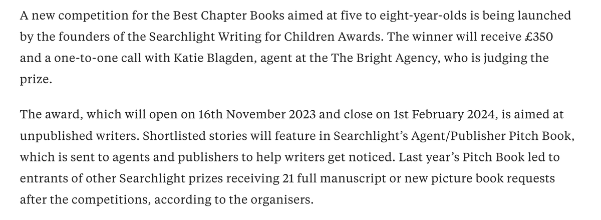 Great to see Searchlight's new chapter book competition announced yesterday in <a href="/thebookseller/">The Bookseller</a>! Well done team <a href="/WritingAwards/">Searchlight Writing for Children Awards</a>. I'm super stoked to be judging this one! 
thebookseller.com/news/chapter-b…

<a href="/BrightLiterary/">Bright Literary</a>