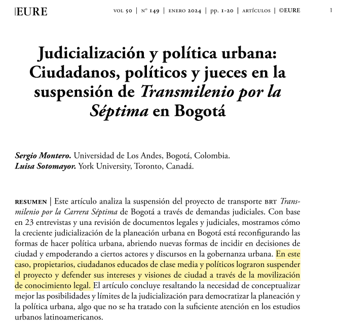 SamuelNAguero's tweet photo. Con esta tremenda noticia para la ciudad, resulta la fecha más oportuna para comentar este artículo de @LuisaSotomayorA y @sergemont sobre judicializaicón de la política urbana en @RevistaEURE.
Caso de estudio: Transmi por la 7.
🧵Hilo👇🏾

(Descargable en https://t.co/EPKGsdZ1uo ) https://t.co/azLvJ3pr0X