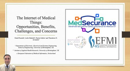 OPournik's tweet photo. Excited to present 'The Internet of Medical Things: Opportunities, Benefits, Challenges, and Concerns' at #EFMI2023 on behalf of the University of Birmingham Team. Grateful for funding from HORIZON via the MedSecurance project. #IoMT #Telehealth #HealthTech #UoB #MedSecurance https://t.co/wq9hKeySKG