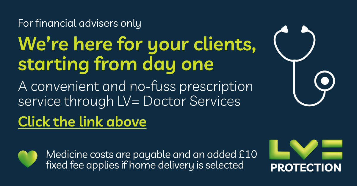 As part of LV= Doctor Services, your client can use the convenient prescription service, without going to their local GP. They can pick up their medication (medicine costs apply) or have it delivered to their home address for a fixed fee. Learn more: bit.ly/3tNyi0T
