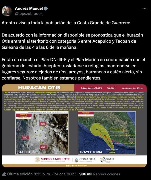 RobertoMadrazo_'s tweet image. Un tuit un par de horas antes de que impactara el huracán Otis en Acapulco fue todo lo que el gobierno de López Obrador y de @EvelynSalgadoP pudo hacer para proteger a la población ante este fenómeno natural???

Saben cuantas vidas humanas y bienes materiales se hubieran salvado…