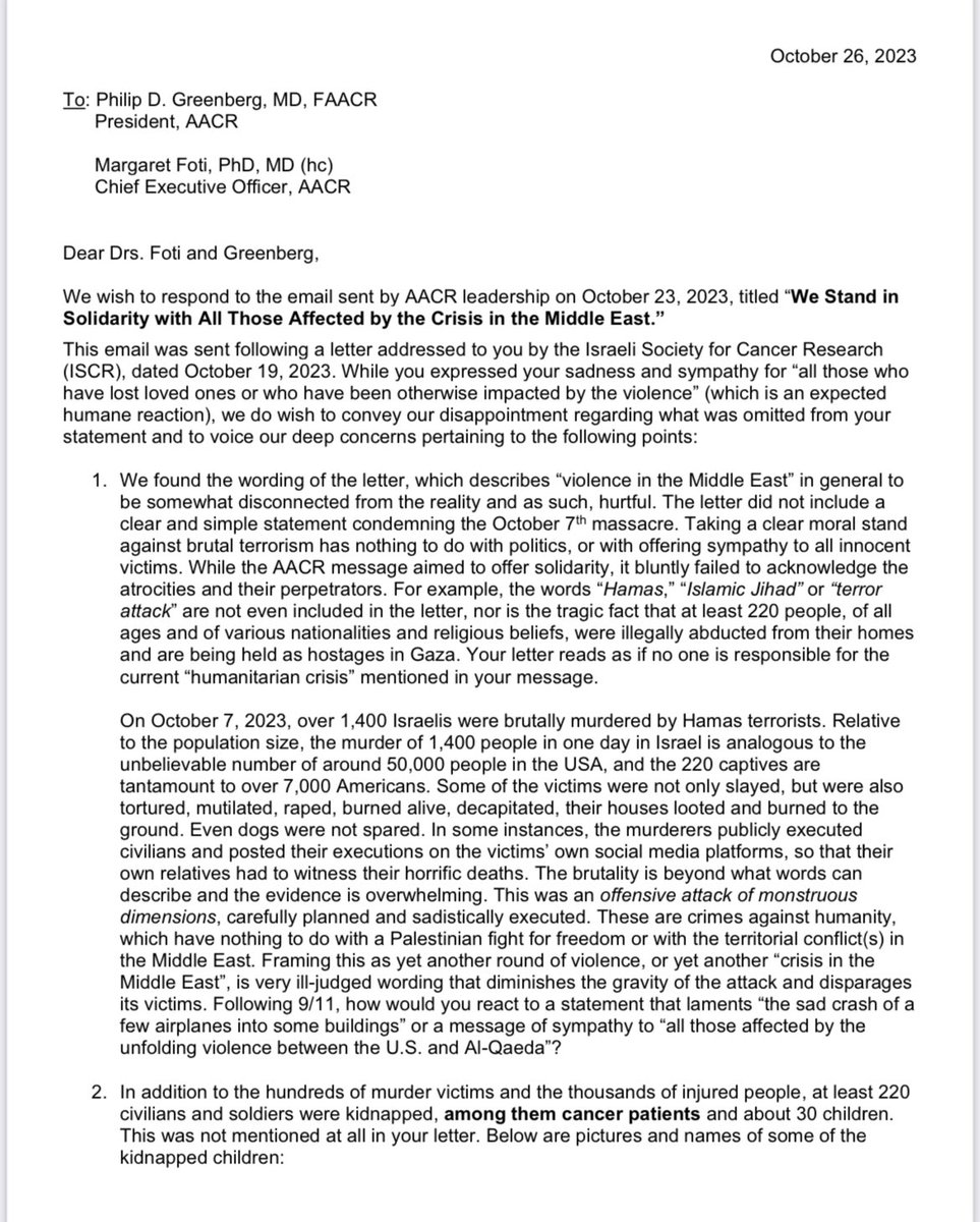 BenDavidLab's tweet photo. Our response letter to @AACR following its weak statement on the crisis in Israel-Gaza. Already signed by >1,000 Israeli cancer researchers and oncologists, including Nobel Laureates, Israel Prize awardees and the leading oncologists in the country. https://t.co/wwGbgkYBIr
