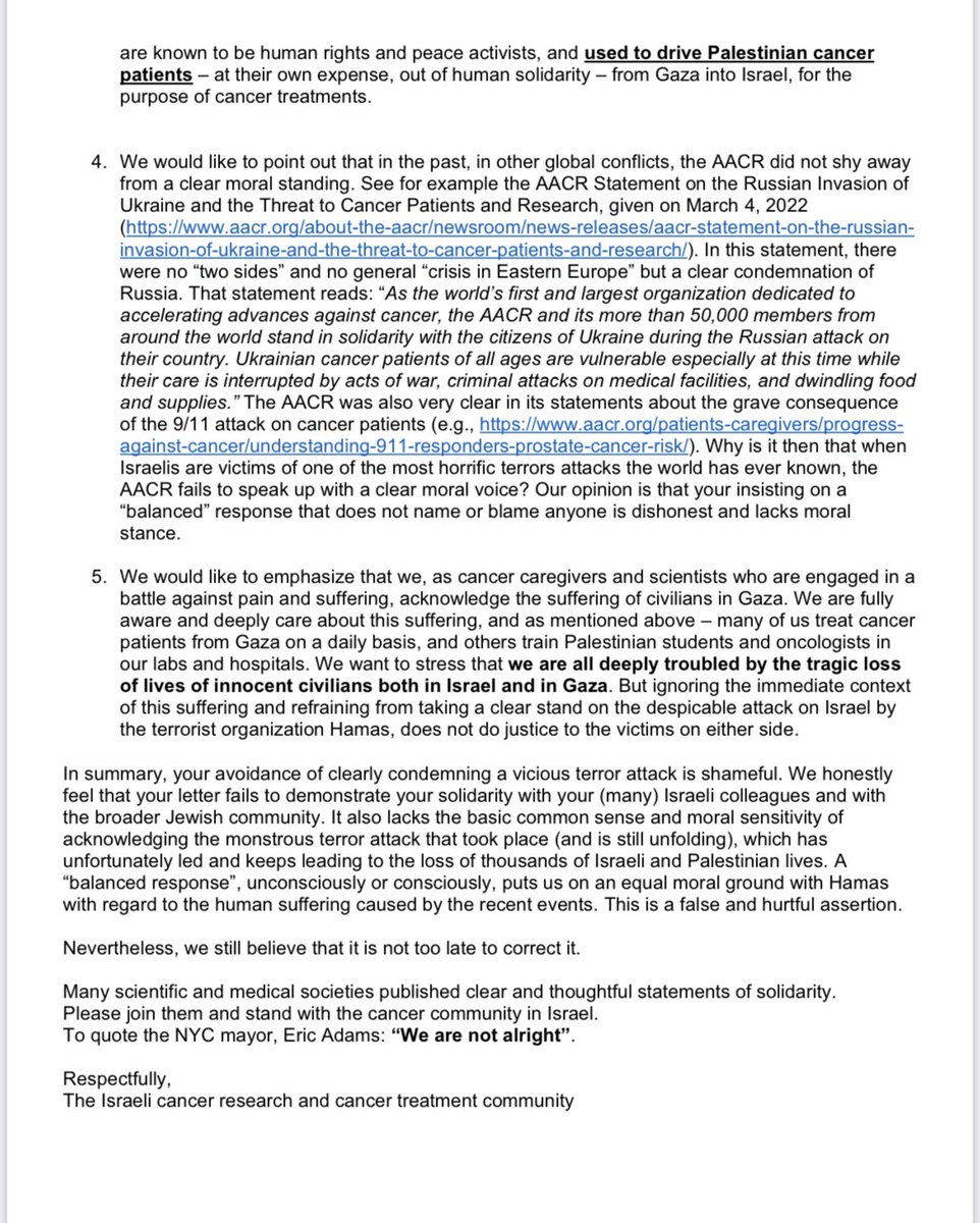 Our response letter to <a href="/AACR/">AACR</a> following its weak statement on the crisis in Israel-Gaza. Already signed by &gt;1,000 Israeli cancer researchers and oncologists, including Nobel Laureates, Israel Prize awardees and the leading oncologists in the country.