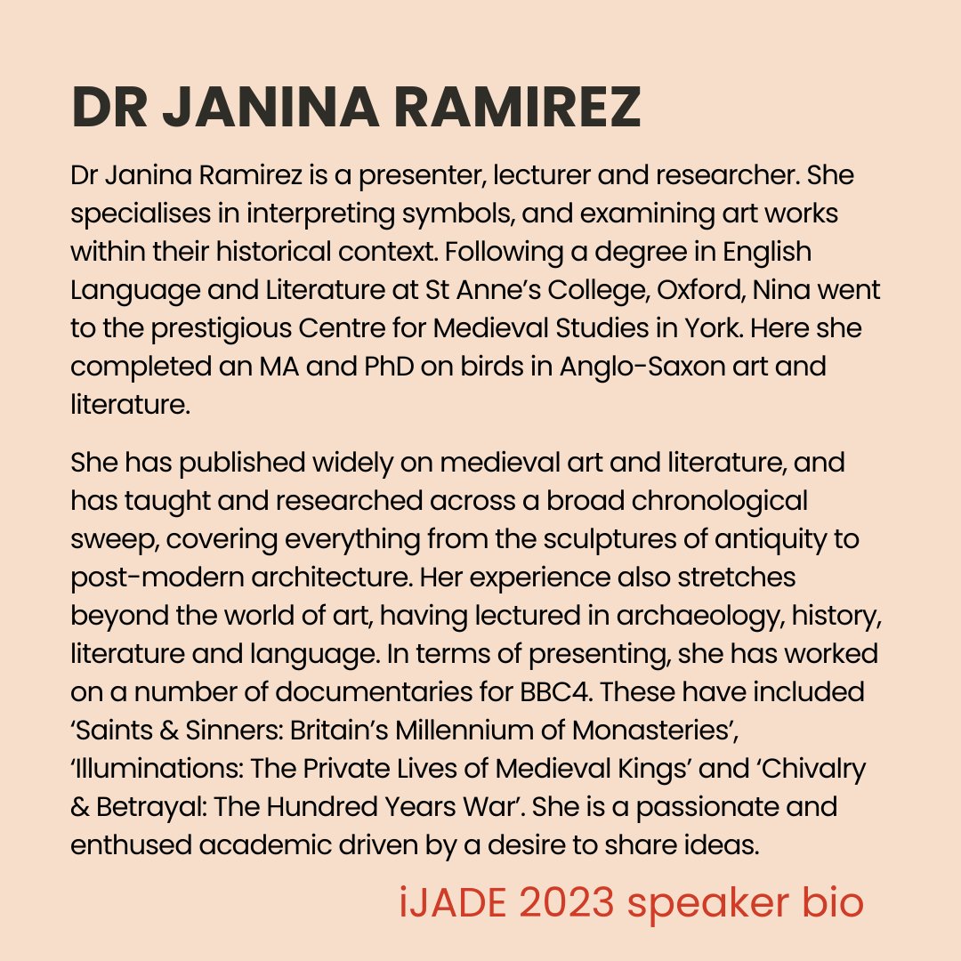 Meet #iJADE2023 Conference Speakers We are thrilled that Art Historian and NSEAD Patron Dr Janina Ramirez (@DrJaninaRamirez) will be delivering an online keynote on Friday 24 November 🔗 Find out more and book your place: nsead.org/courses-advice…