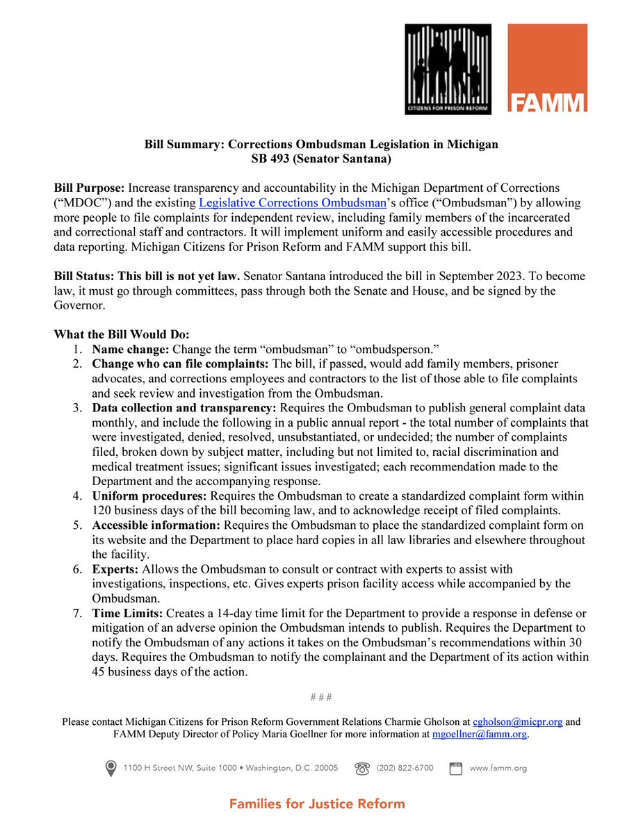 ICYMI: @SenatorSantana announced the passing of Michigan Senate Bill 493 before the Senate Oversight Committee yesterday. The bill brings important changes to the enabling statute for the Legislative Corrections Ombudsperson.