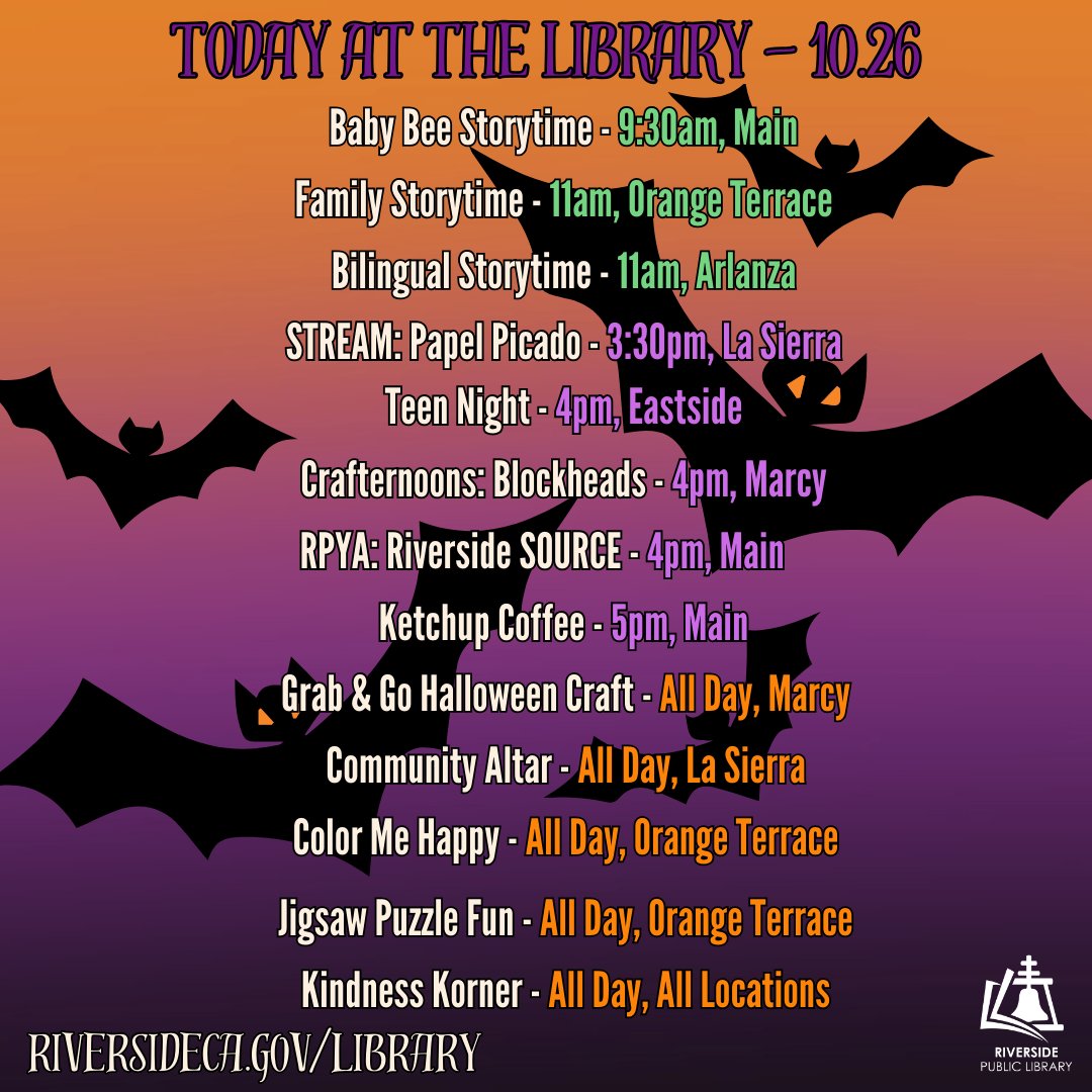 RivLibrary's tweet image. Join us for a day full of fun! We hope to see you at our in-person events today 📚🦇

#RiversidePublicLibrary #RivLibrary