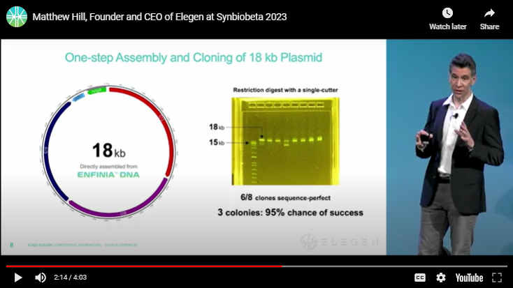 ElegenBio's tweet image. “The end of picking colonies is near.”

CEO Matt Hill shares how @ElegenBio is making this vision a reality with NGS-verified, #longDNA available in days, ready for immediate use in #synbio workflows with no/minimal cloning. 

Watch: bit.ly/3MgQ9nm

#synbiobeta2023
