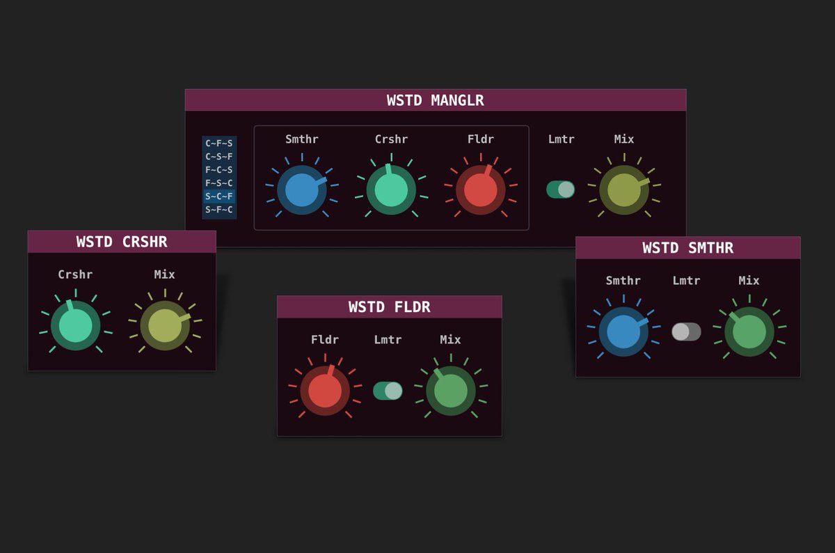 Check out our 4 new distortion plugins. CRSHR, FLDR, SMTHR, and MANGLR. Available for free or during our Halloween discount.
itch.io/s/104221/itchi…