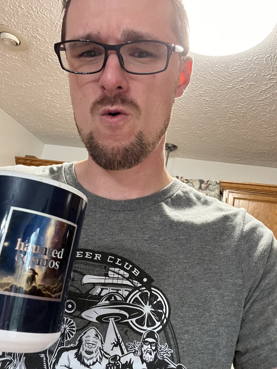 JedidiahStates's tweet image. Drinking some coffee from my @HauntedCosmos_ mug wearing a Bigfoot shirt! 

#StaycationStyle
