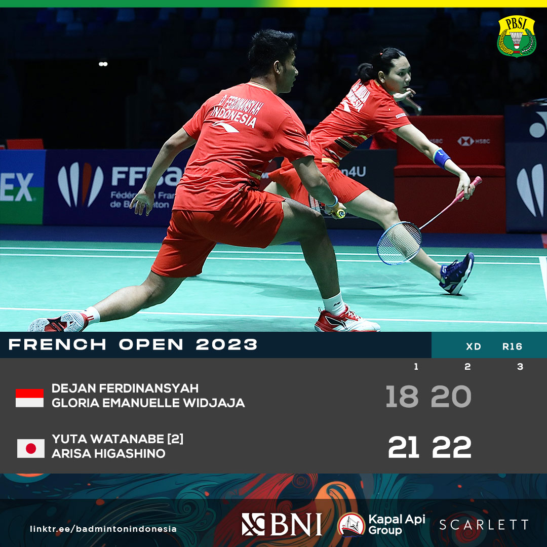INABadminton's tweet photo. Dejan/Gloria harus mengakui keunggulan pasangan Yuta/Arisa. Tetap semangat!

#FrenchOpen2023 https://t.co/11JhAatgfo