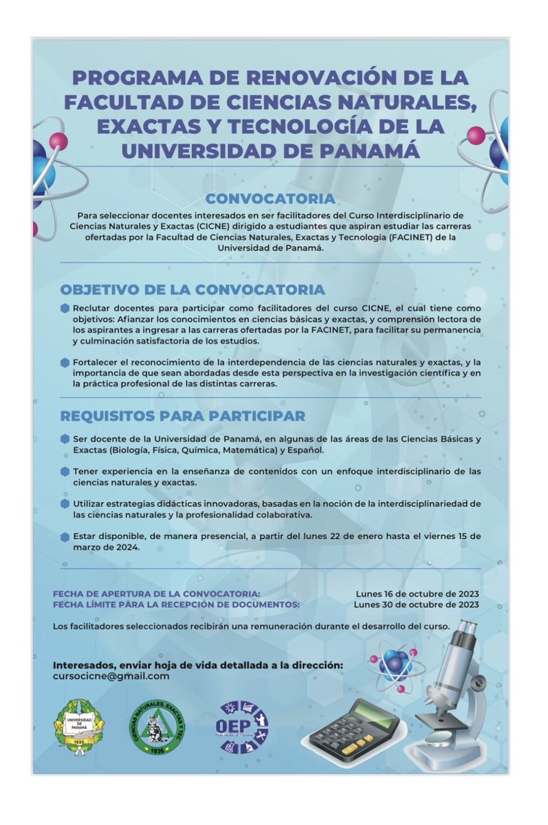 RENOVFACINET's tweet photo. Convocatoria para docentes interesados en ser facilitadores del Curso Interdisciplinario de Ciencias Naturales (CICNE) 2024 https://t.co/1Iay7Hk8VG