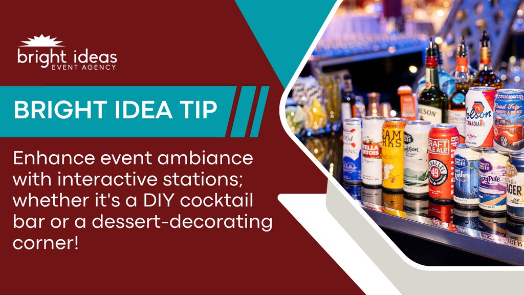 BrightEvents's tweet image. Enhance event ambiance with interactive stations; whether it&apos;s a DIY cocktail bar or a dessert-decorating corner! 🍸🍰

#SharingBrightIdeas #InteractiveEvents #BrightIdeas