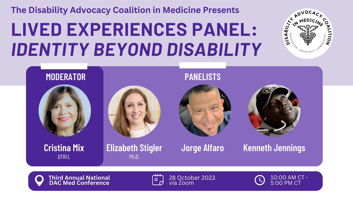 Check out these incredible panelists who will be part of the Lived Experiences Panel, “Identity Beyond Disability”, at our upcoming DAC Med Conference! Register now for this session and more: tinyurl.com/cyt3eh98

#DisabilityAdvocacy #DisabilityMedicine #DocswithDisabilities