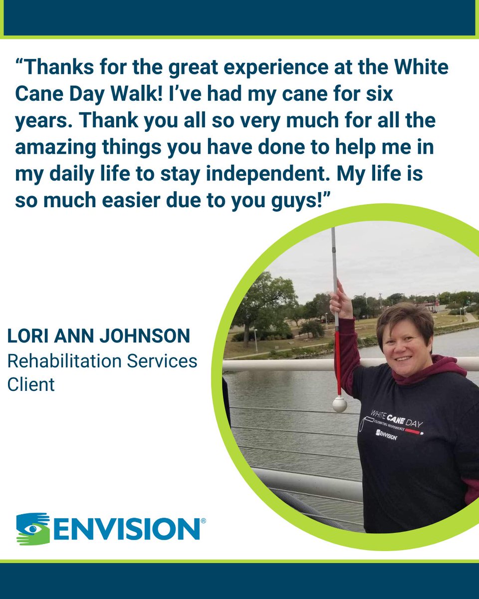 HelpEnvision's tweet image. Lori Johnson, a client of our rehabilitation services, specifically our Orientation and Mobility Training, shares her thoughts on our White Cane Day Walk and her experiences with Envision! #WhiteCaneDay #LowVisionRehab #WhiteCaneAwareness