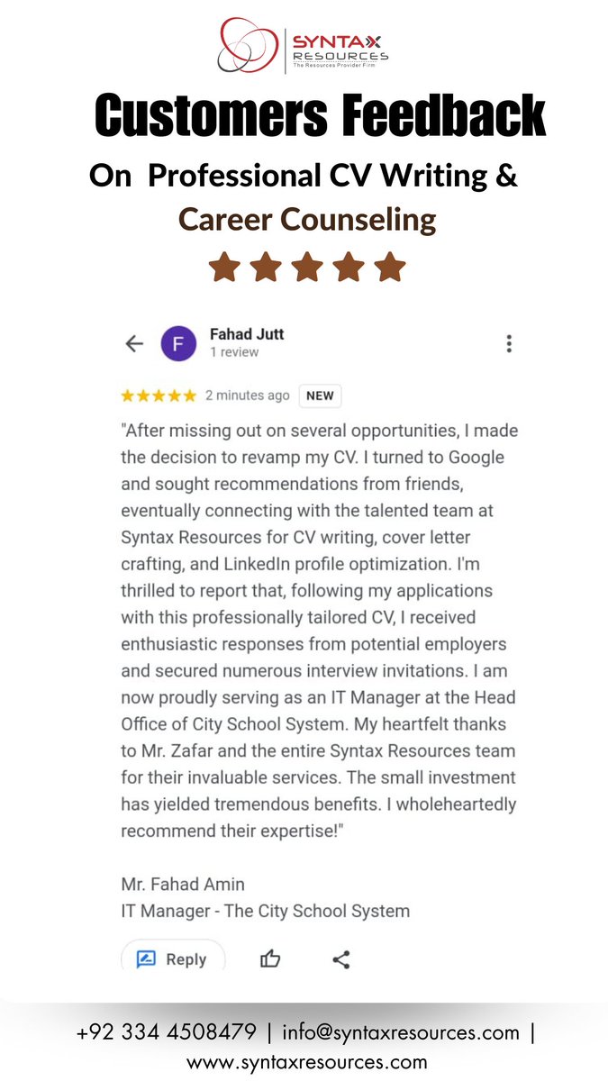 Al-Hamdullilah. Happiness is when someone gets his dream job with our little help. 👍
#SyntaxResources #TechJobs #Lahore #lahorejobs #softwaredevelopers #recruitment #Hiring #professionalresumewriter #ProfessionalCVWriter #Trainings #ZafarUllahZahid #HRConsulting #PDHRM