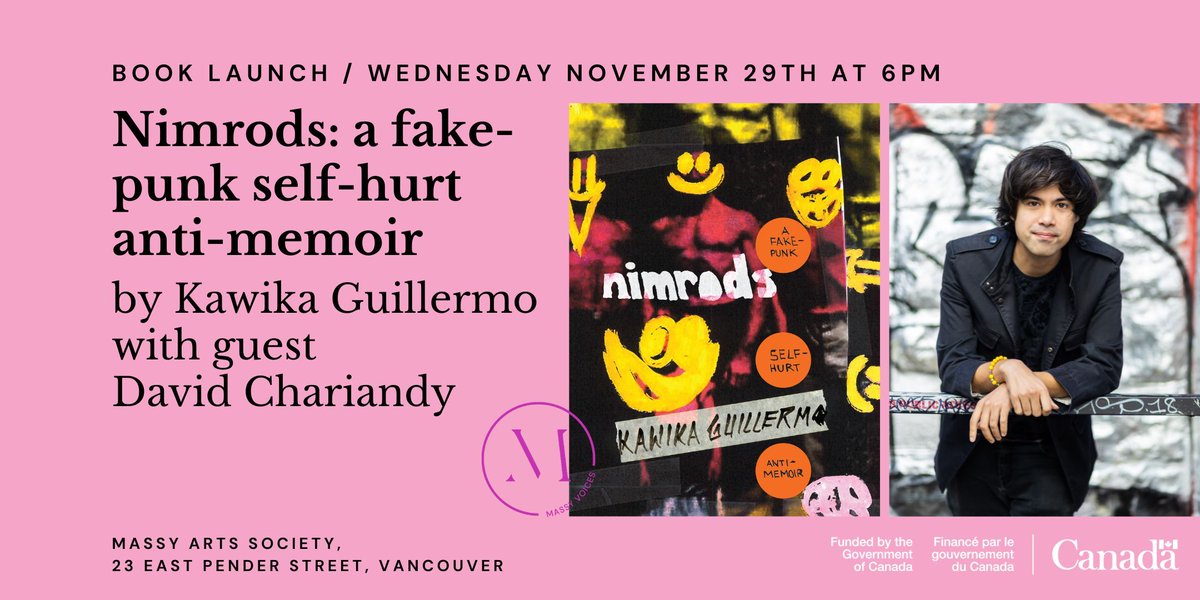 massyevents's tweet image. On Wednesday, November 29th at 6pm, join Massy Arts, @massybooks and @DukePress in celebrating the launch of Nimrods: a fake-punk self-hurt anti-memoir by @KawikaGuillermo, with guest David Chariandy. Register here: bit.ly/3SdGPV2
