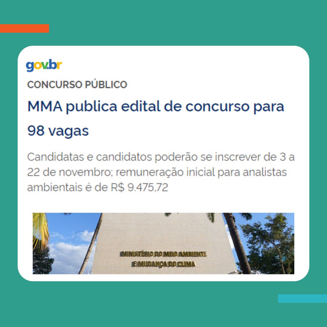 É tempo de reconstrução! Nesta quarta (25), publicamos edital de concurso público para o Ministério do Meio Ambiente e Mudança do Clima (MMA), após 13 anos sem seleção de servidores efetivos. Foram disponibilizadas 98 vagas de nível superior para analistas ambientais. As