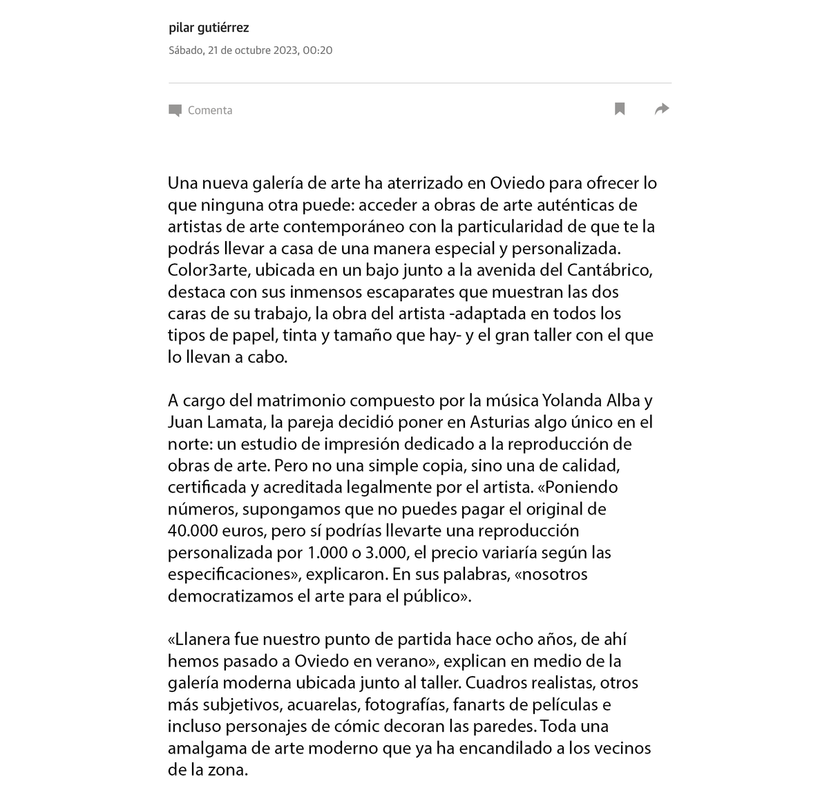 Color3arte's tweet photo. Artículo con motivo de la inauguración de la galería Color3arte y la exposición “Convergentes”
#arte #giclée #artecontemporaneo #galería #galeriadearte #color3arte #color3artegaleria #obragráfica #laminasdearte #laminas #reproducciondearte #coleccionistasdearte #pintura #comic https://t.co/HxPCDsIeeN