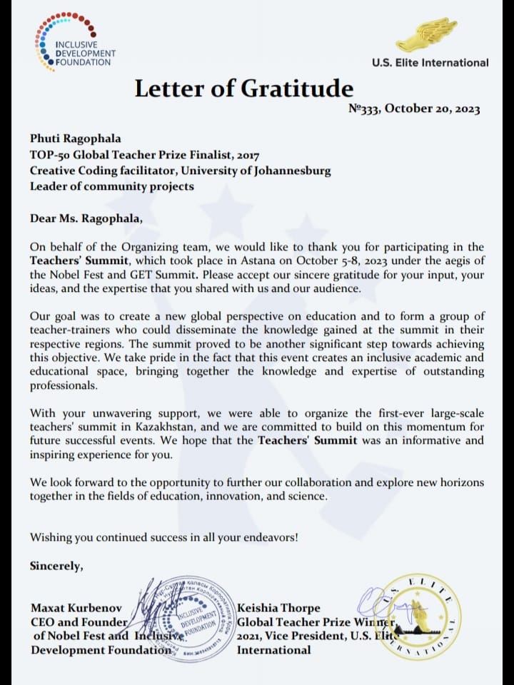 PhutiRagophala's tweet photo. #KeishiaThorpe #varkeyfoundation #teachersmatter #GTP #getsummit #Nobelfest #SDG4 #internationaleducation #getsummit #teacher2teacher #teachertalk #UNESCO #UnitedNations I couldn't hide my happiness after receiving this letter of appreciation from U.S Elite International๐โบ๏ธ๐ https://t.co/5VAuzLvNTG