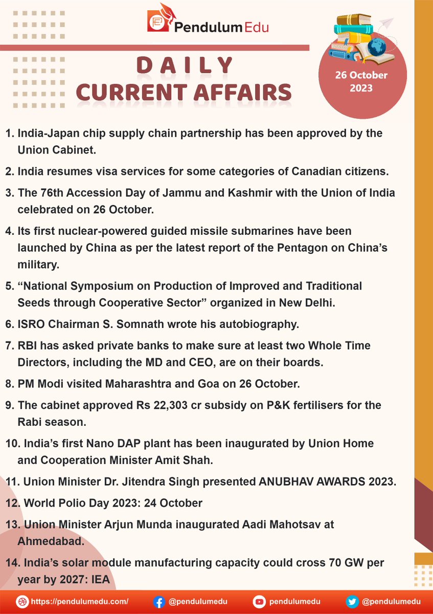 pendulumedu's tweet photo. Stay Updated with Daily Current Affairs of 26 October 2023 - https://t.co/ipAcXGVXZl
#currentaffairsupdates #26October2023currentaffairs #upsccurrentaffairs #ssccurrentaffairs #latestnews #latestupdates #newsupdate #IndiajapanChip #Indianvisa #JKNews #chinanuclearpower https://t.co/DS9QBj0HRX