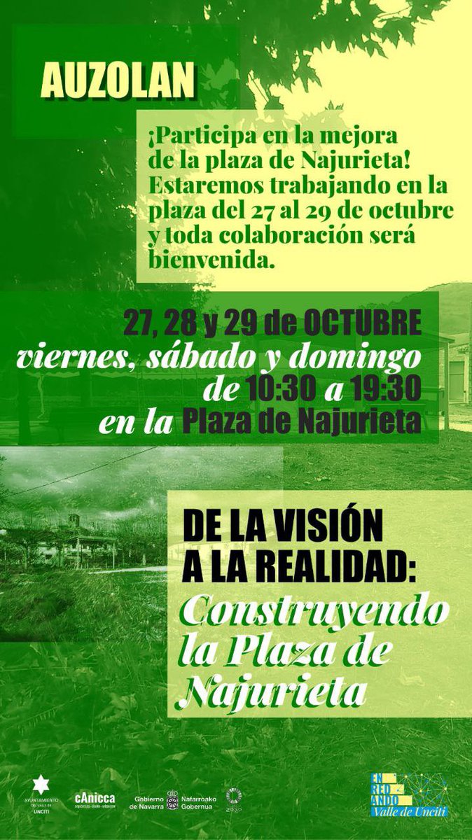 🔔 Auzlan Plaza de Najurieta 📢 

El fin de semana del 27 al 29 de octubre <a href="/canicca_/">canicca</a> estará trabajando en la plaza de Najurieta. 

📲 Podrás sumarte y agradecemos que rellenes el pequeño formulario para poder organizarnos👇🏿

¡Inscripción aquí!⬇️
forms.gle/di4ZhF3hcMARji…