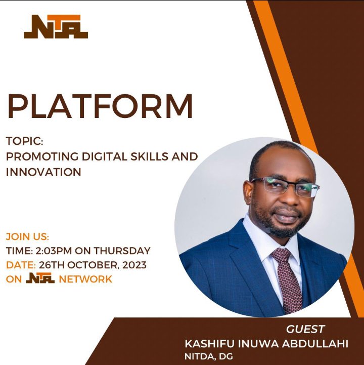 RarediamondzH's tweet photo. Please stay tuned to PLATFORM on NTA by 2:03pm. today to watch the Director General of NITDA, kashifu Inuwa CCIE, as he discusses #DigitalNigeriaConference2023 "Promoting Digital Skills and Innovation." https://t.co/pzweeczspz