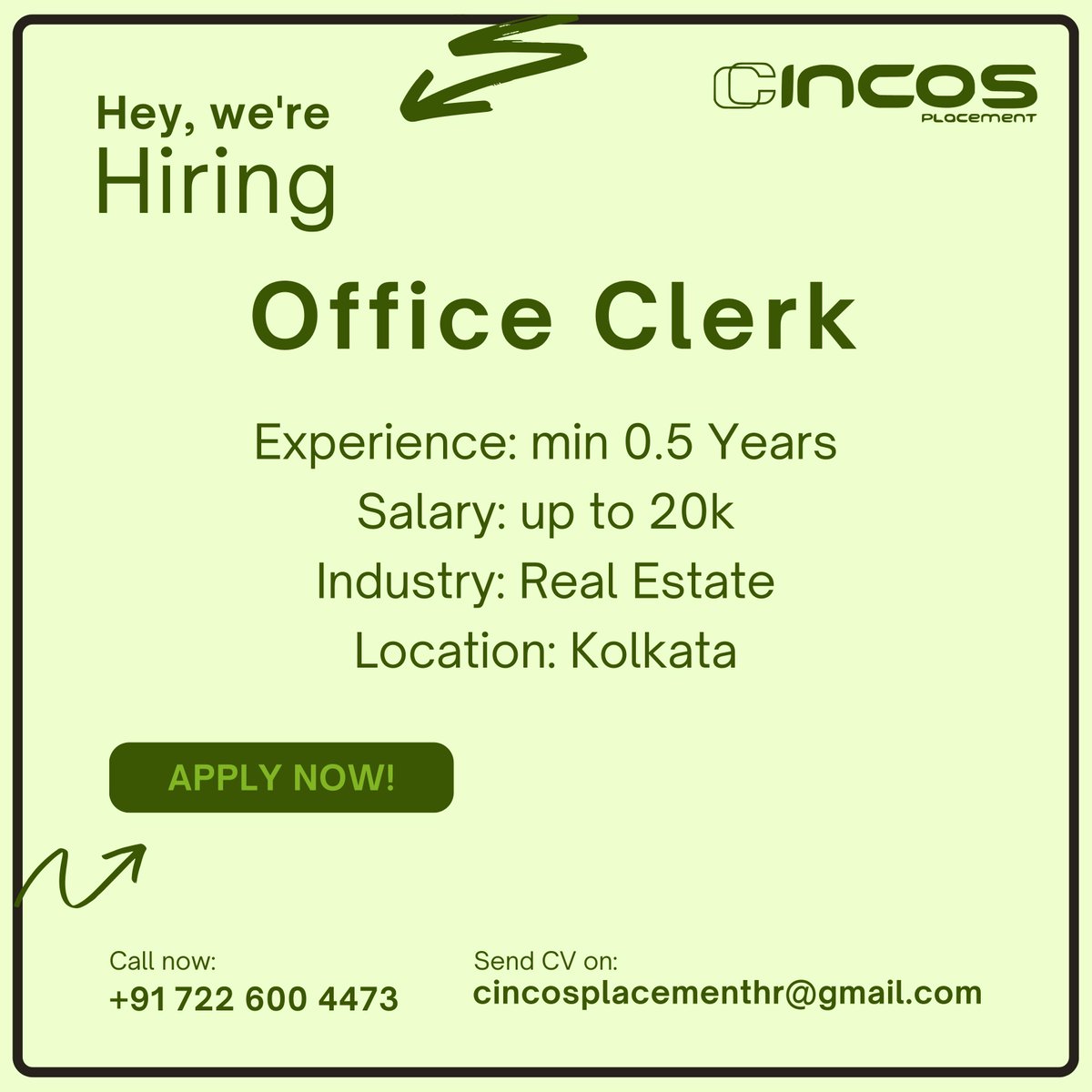 cincosplacement's tweet image. Discover a new opportunity as an Office Clerk with the Best Job Placement Consultancy in Kolkata.

Contact Us
Phone : +91 7226004473

#OfficeClerk #KolkataJobs #EfficiencyPro #ApplyToday #BestJobPlacementConsultancyInKolkata #TopJobConsultancyInKolkata