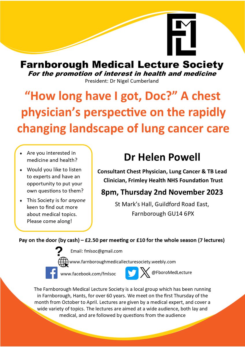 FboroMedLecture's tweet image. After a fantastic kick-off to our season 3 weeks ago, our next lecture on Thu 2 Nov is ‘“How long have I got, Doc?” A chest physician’s perspective on the rapidly changing landscape of lung cancer care’ by Consultant Chest Physician Dr Helen Powell from @frimleyhealth All welcome