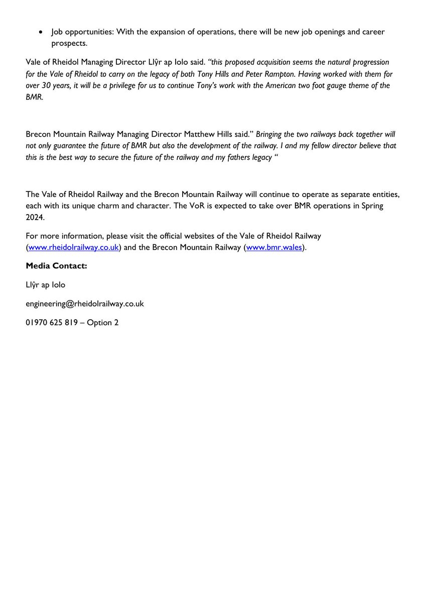 Vale of Rheidol Press Release