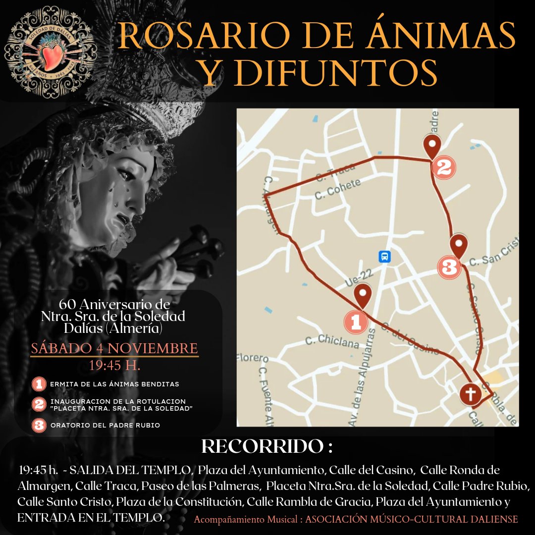 SepulcroSoledad's tweet photo. ⚫  𝗥𝗢𝗦𝗔𝗥𝗜𝗢 𝗗𝗘 Á𝗡𝗜𝗠𝗔𝗦 𝗬 𝗗𝗜𝗙𝗨𝗡𝗧𝗢𝗦 
𝟲𝟬 𝗔𝗡𝗜𝗩𝗘𝗥𝗦𝗔𝗥𝗜𝗢 𝗗𝗘 𝗡𝗧𝗥𝗔. 𝗦𝗥𝗔 𝗗𝗘 𝗟𝗔 𝗦𝗢𝗟𝗘𝗗𝗔𝗗  (RECORRIDO)

🗓️ SÁBADO 4 DE NOVIEMBRE DE 2023

⛪SALIDA:  PARROQUIA SANTA MARÍA DE AMBROX (DALÍAS) , 19:45 H aprox.

#RosarioAnimas #SoledadDalias https://t.co/fR48uAaBws